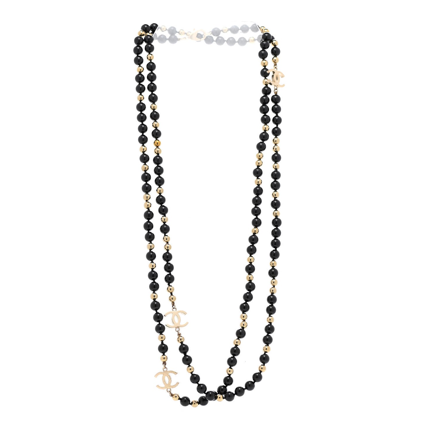 Beaded CC Long Necklace Black Gold