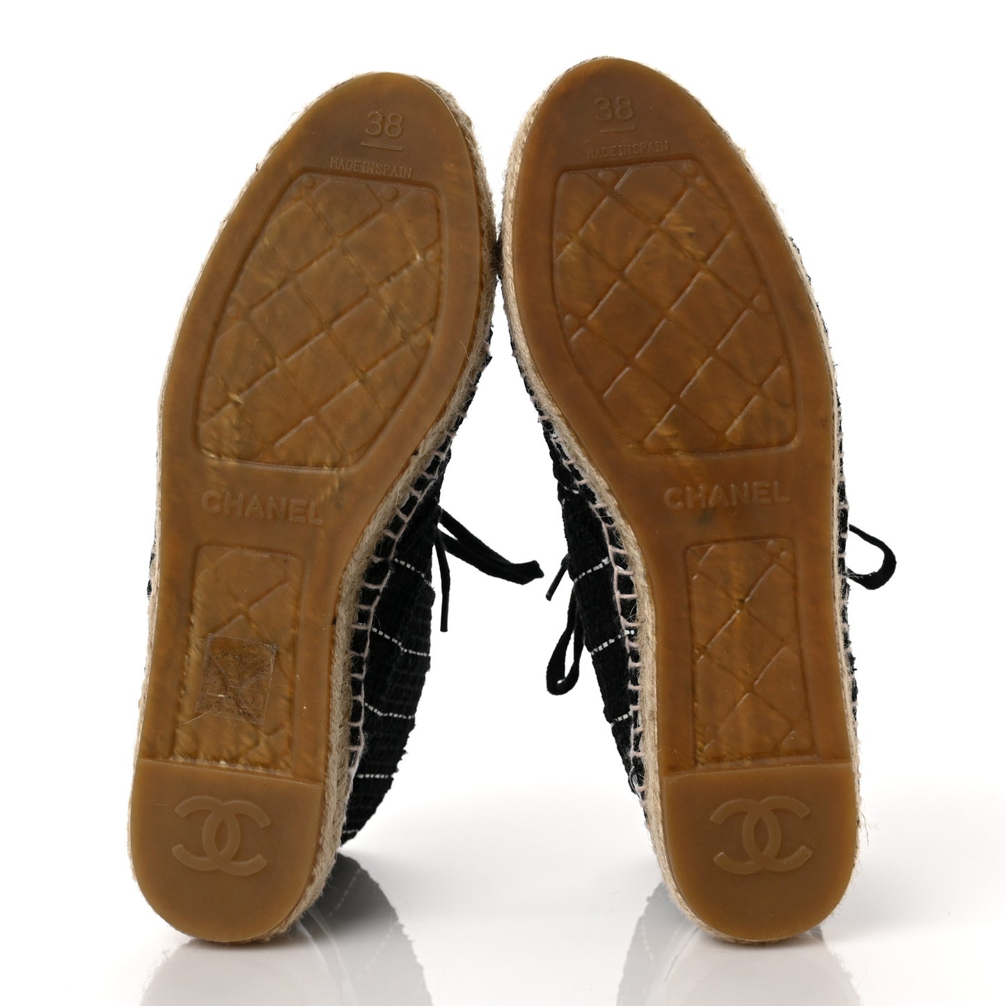 Tweed Calfskin Patent CC Lace Up Espadrilles 38 Black
