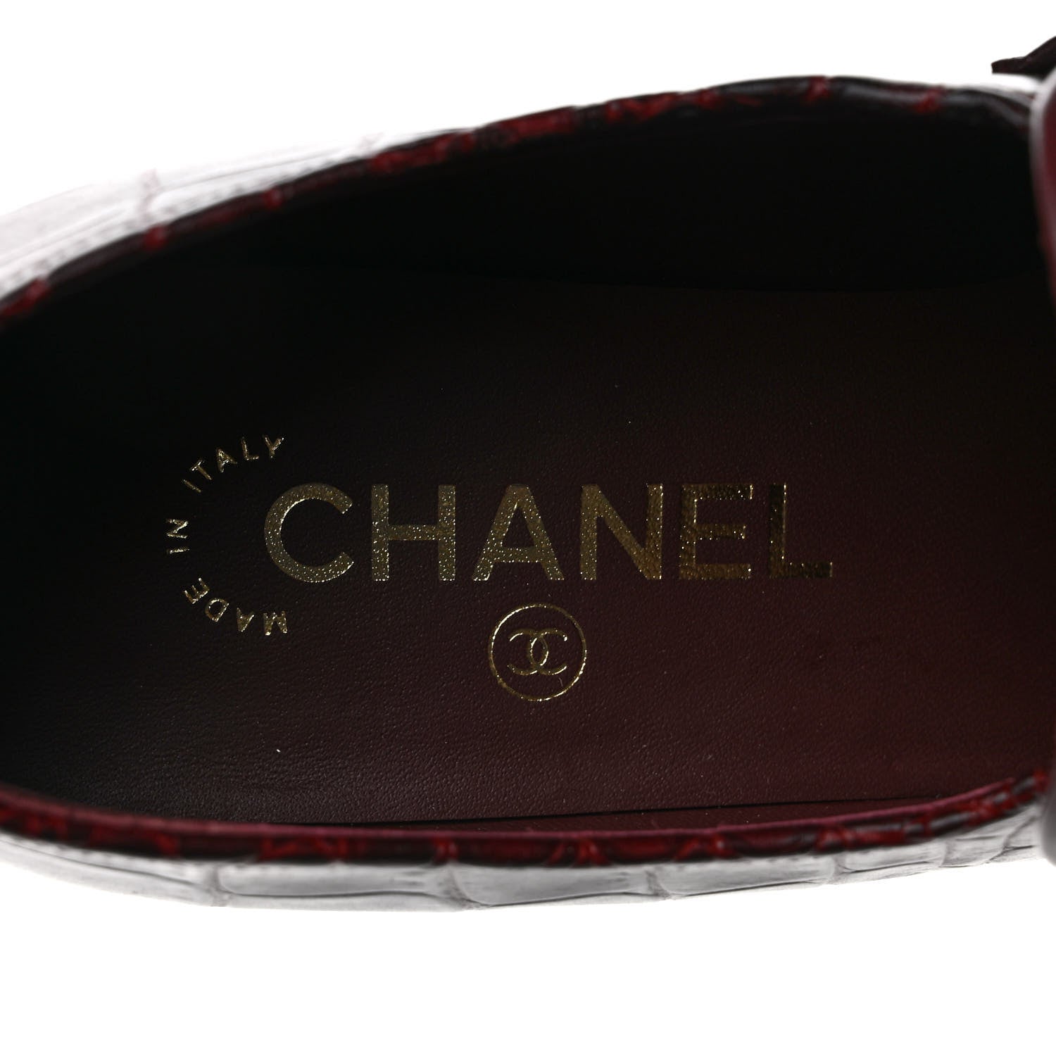 Chanel Crocodile Embossed Calfskin CC Chain Mocassin Loafers 38 Burgundy Black 7 of 9