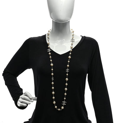 Chanel Graduated Pearl Crystal CC Long Necklace Silver 2 of 6