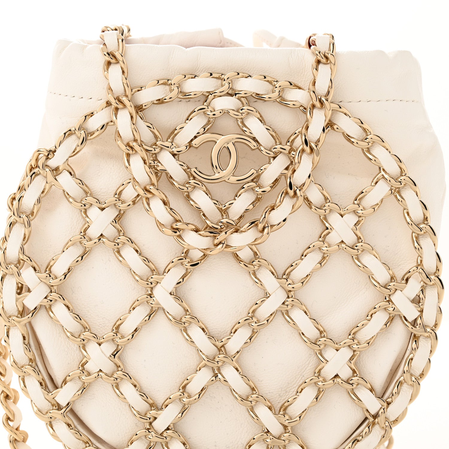 Chanel Lambskin Quilted Round Caged Chain Around Crossbody White 8 of 10
