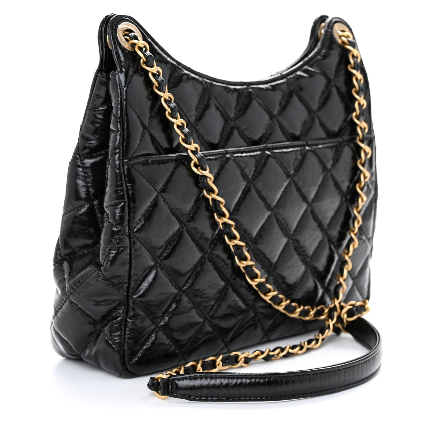 Shiny Crumpled Calfskin Quilted Wavy CC Hobo Black