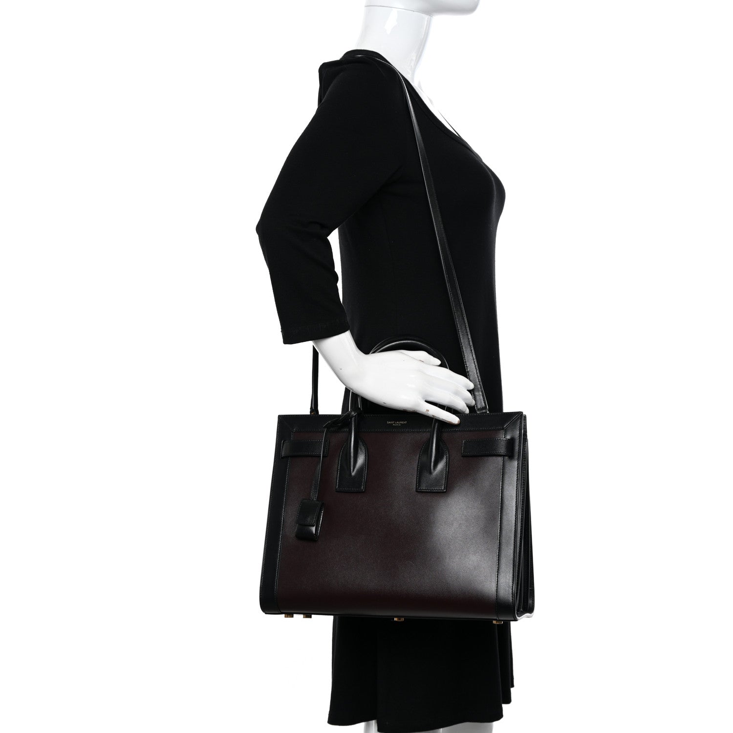 Saint Laurent Calfskin Bi-Color Small Sac De Jour Burgundy Black 2 of 10