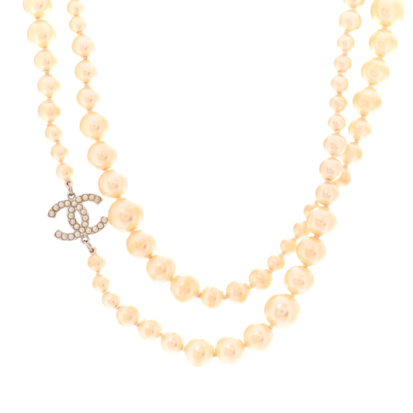 Graduated Pearl CC Long Necklace Silver