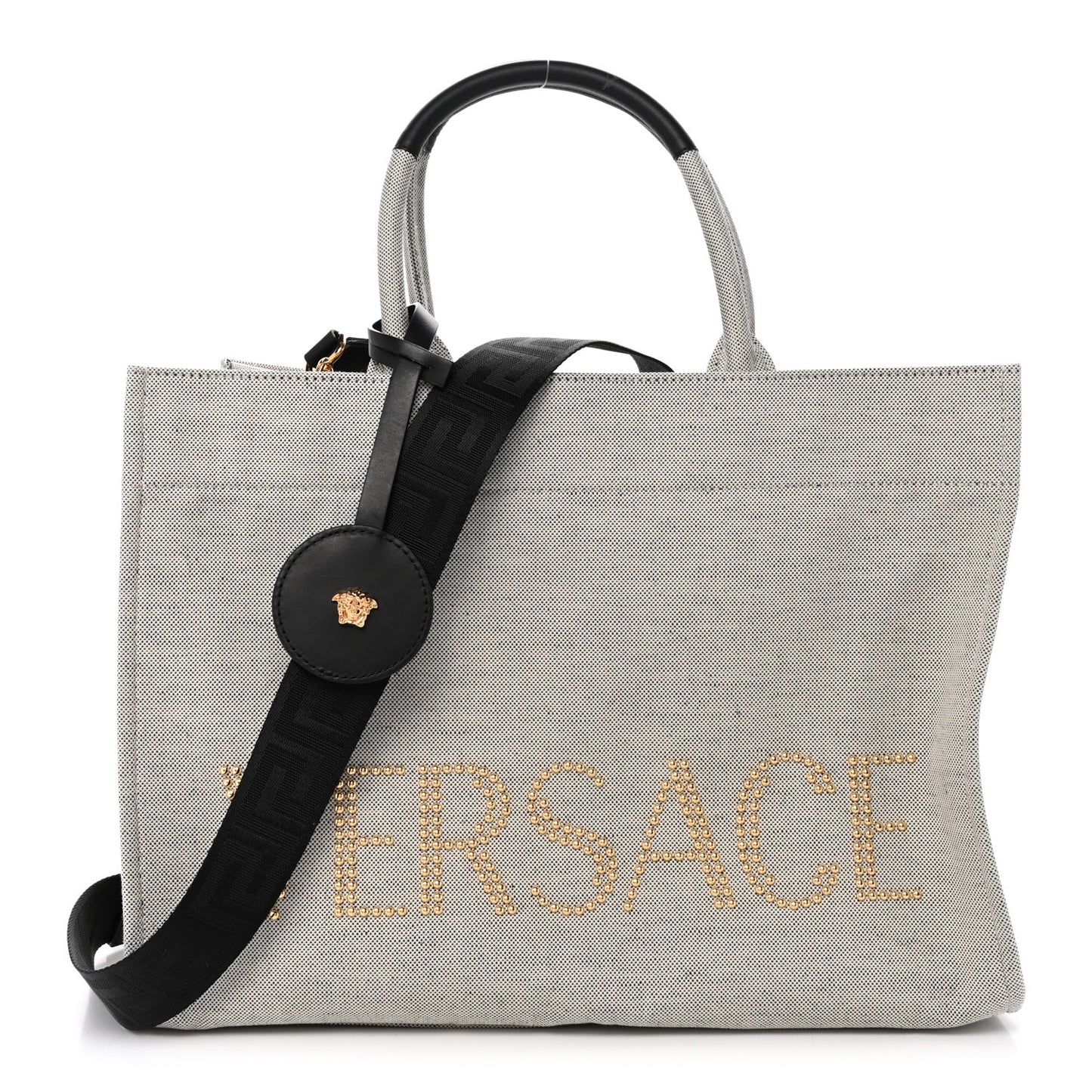 Canvas Calfskin Studded Large Logo Tote Bag Ecru Black