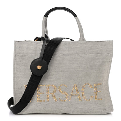 Versace Canvas Calfskin Studded Large Logo Tote Bag Ecru Black 1 of 10