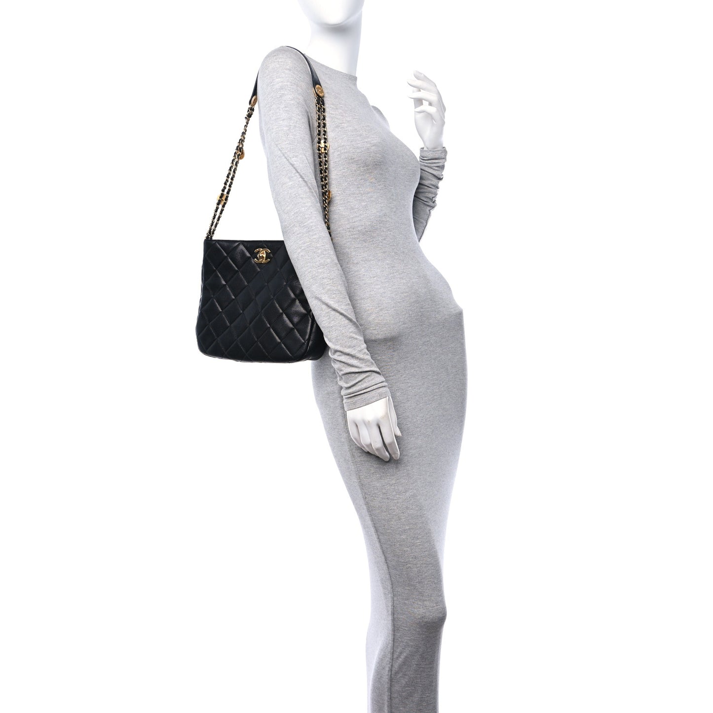 Caviar Quilted Twist Your Buttons Hobo Black