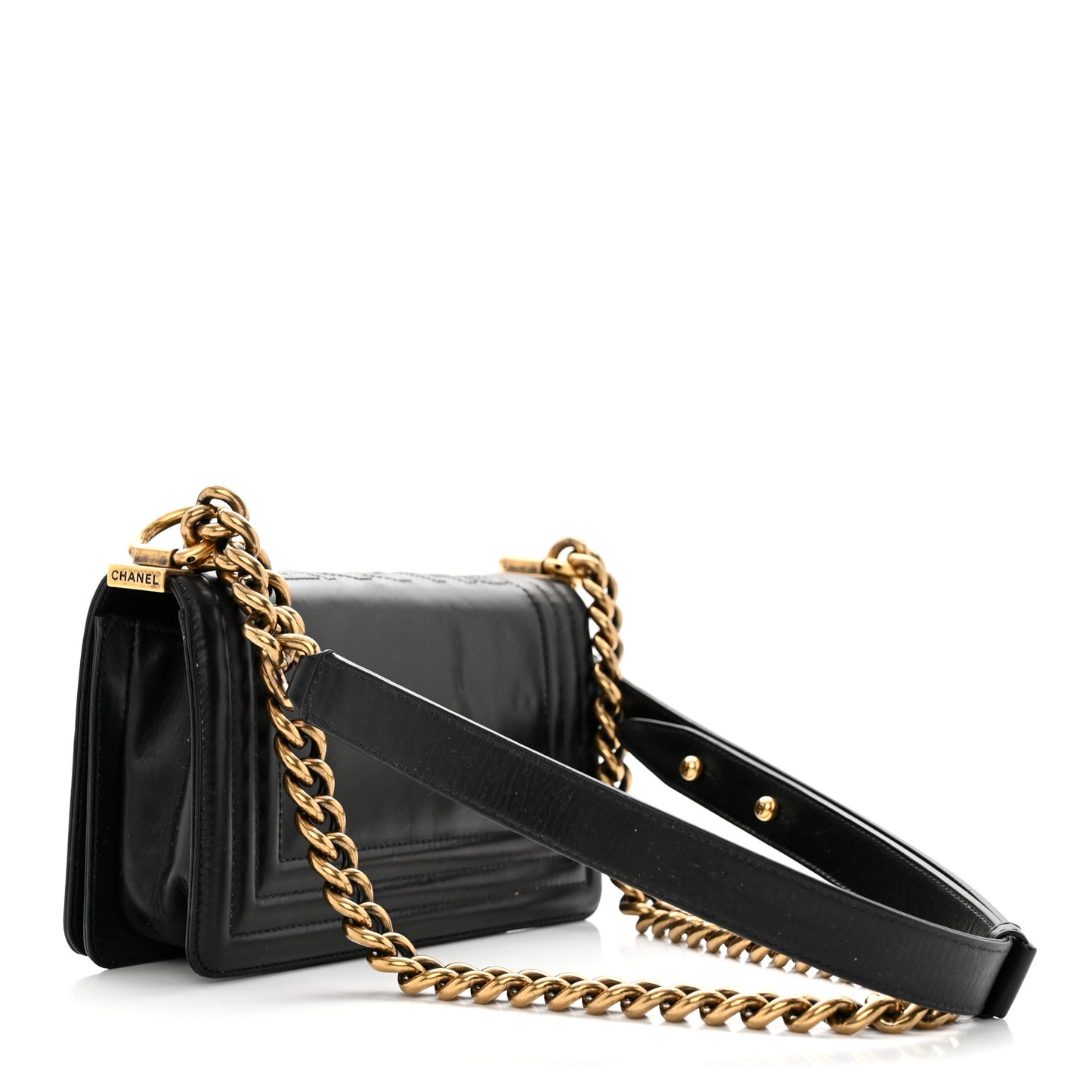 Glazed Calfskin Small Boy Flap Black