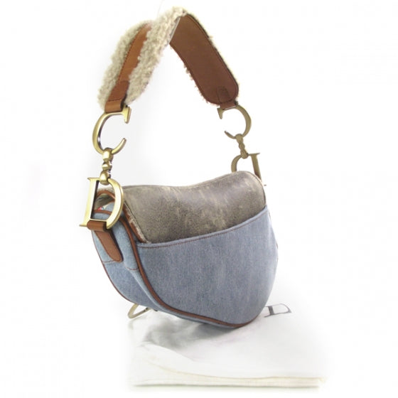 Denim Shearling Floral Saddle Bag