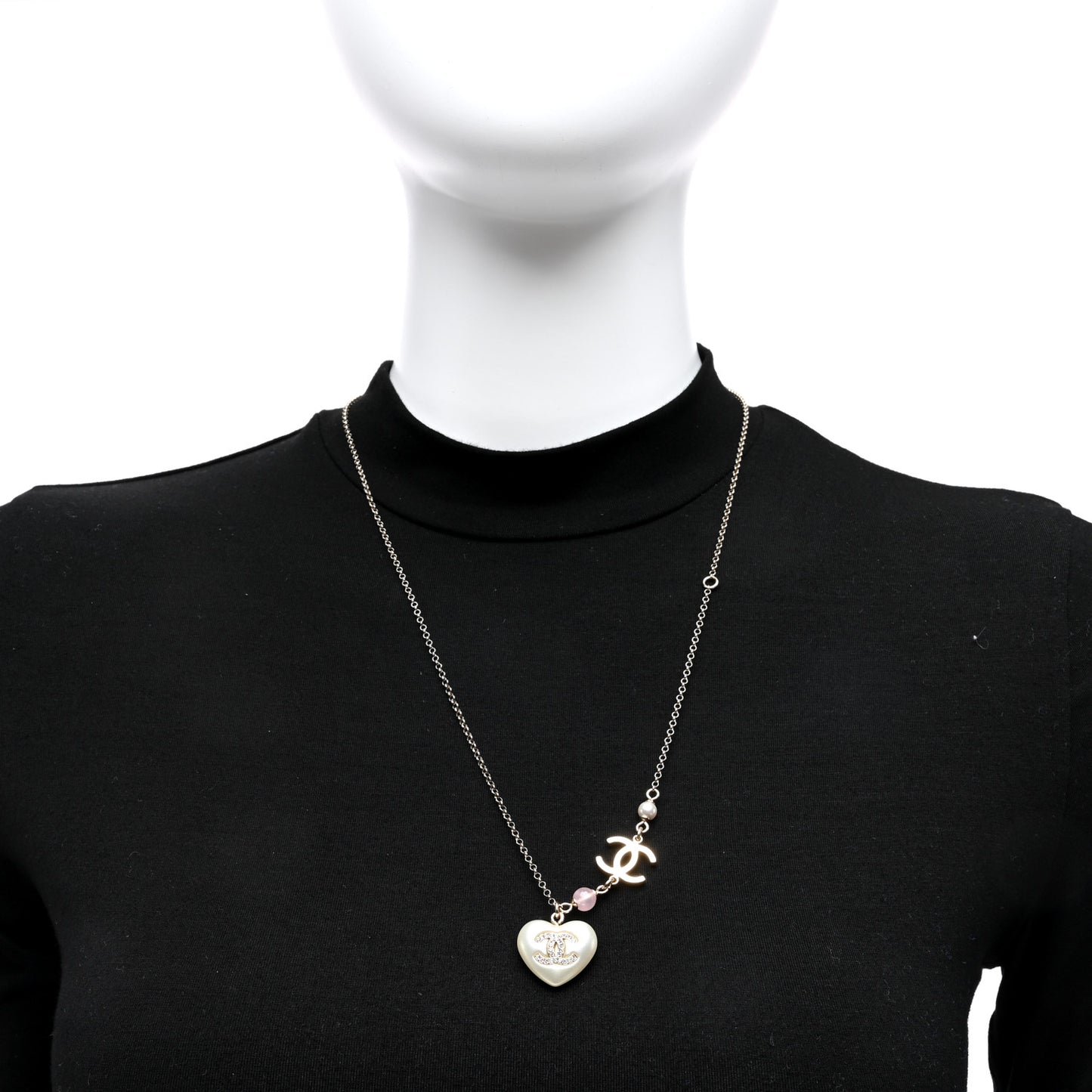 Resin Crystal CC Heart Necklace Pearly White Gold
