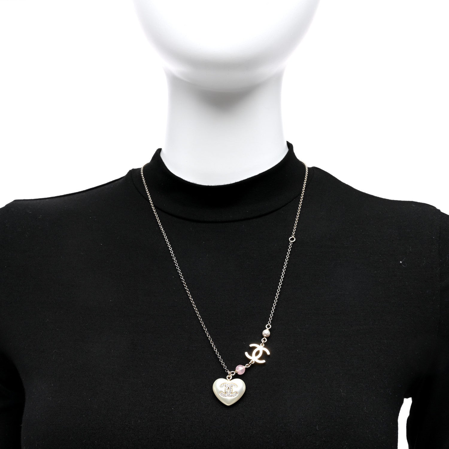 Chanel Resin Crystal CC Heart Necklace Pearly White Gold 2 of 5