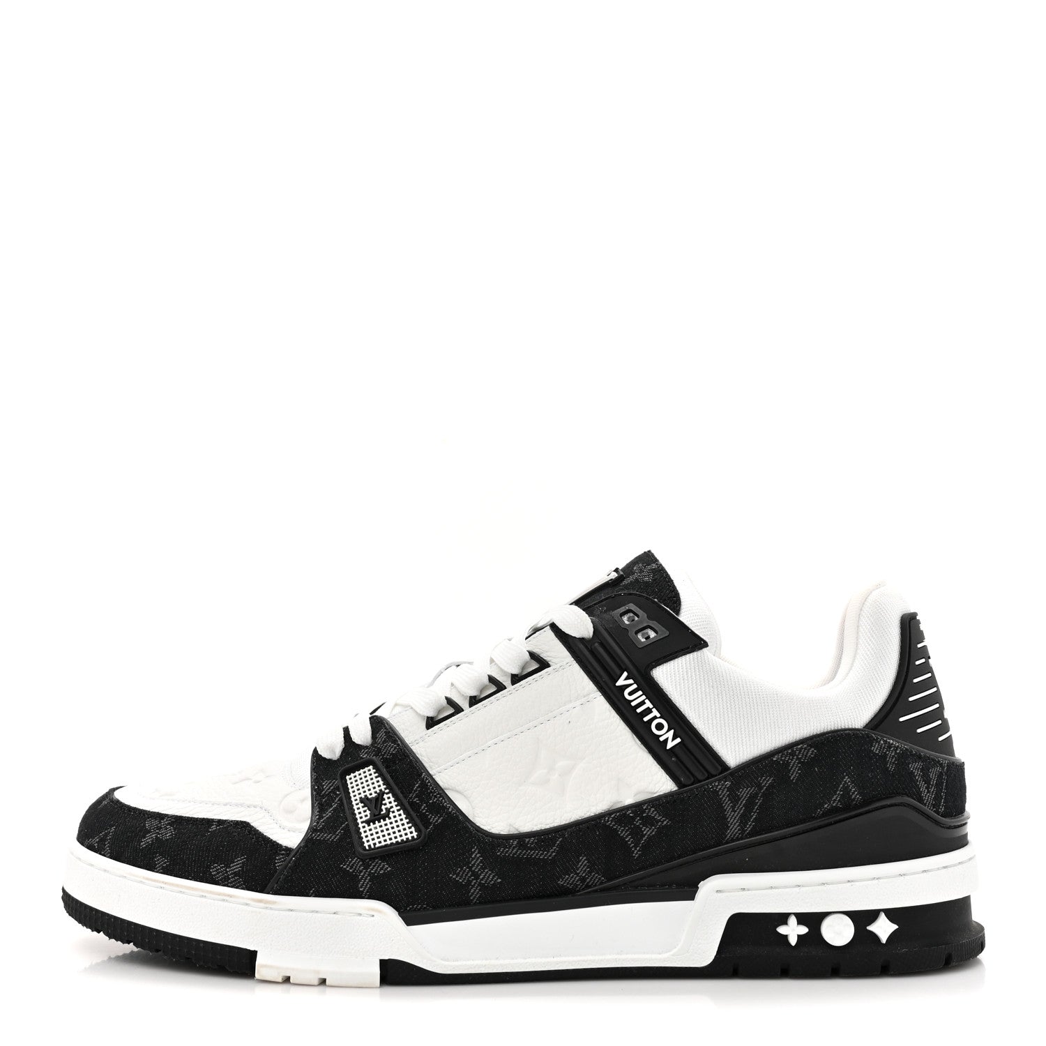 Louis Vuitton Calfskin Embossed Monogram Denim Mens LV Trainer Sneakers 12 Black 1 of 17