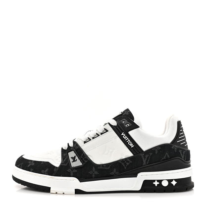 Louis Vuitton Calfskin Embossed Monogram Denim Mens LV Trainer Sneakers 12 Black 1 of 17
