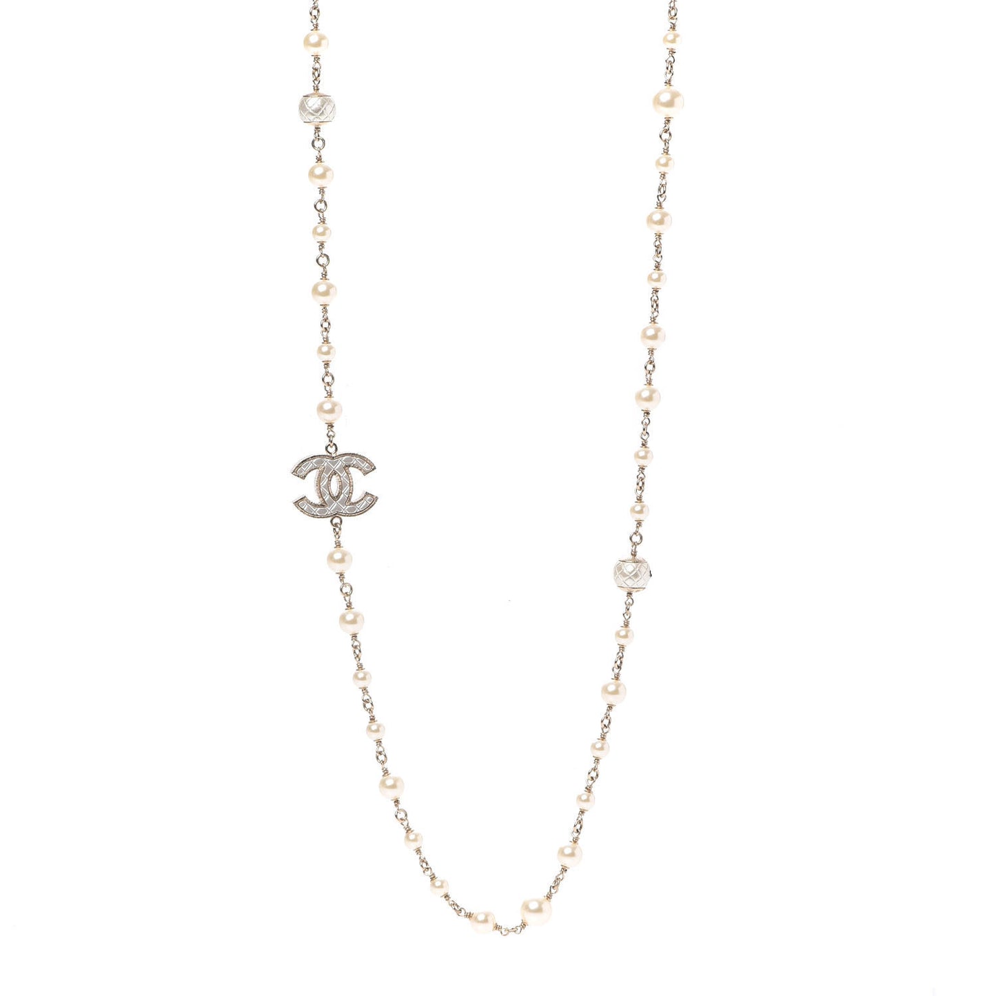 Metal Quilted Pearl CC Long Necklace Light Gold