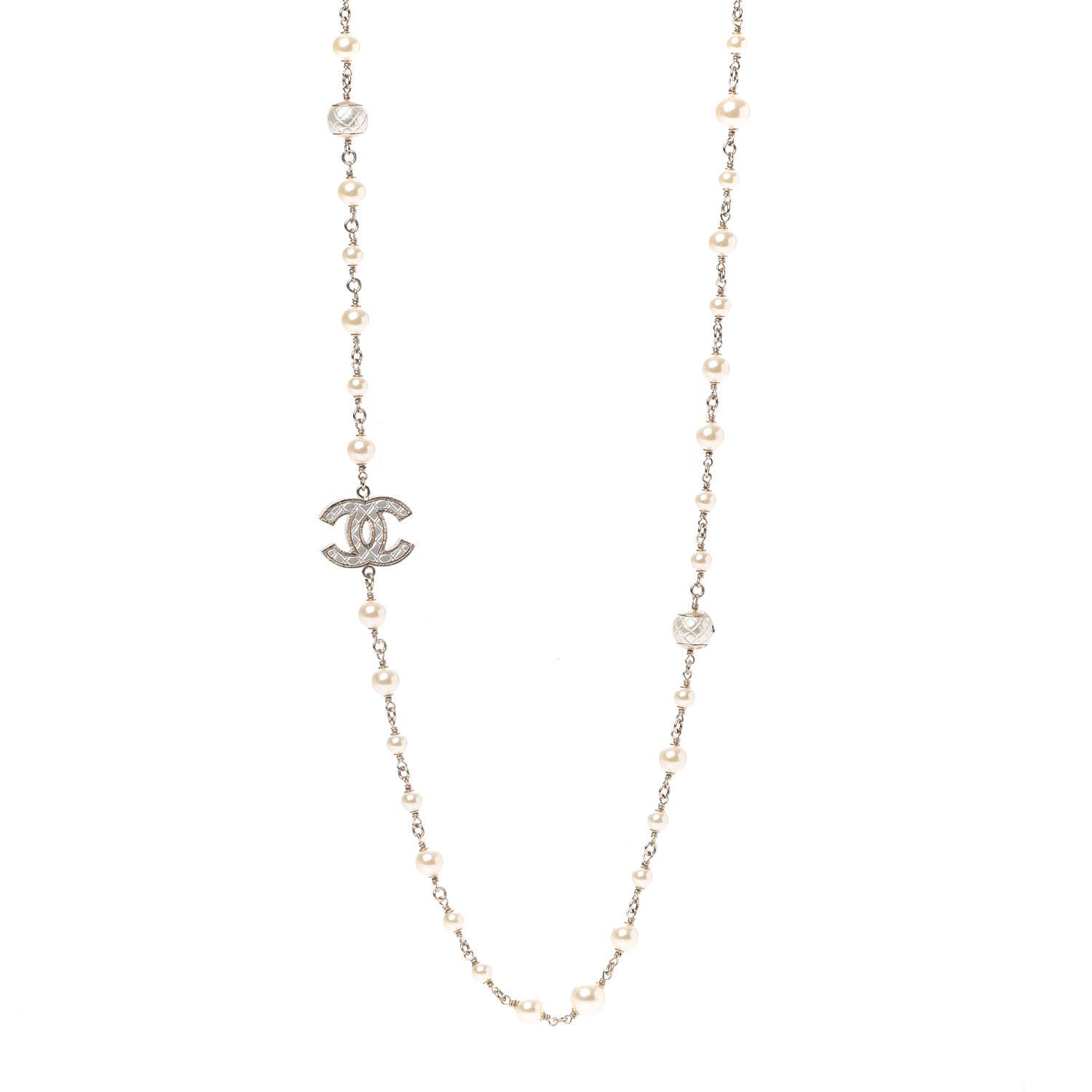 Chanel Metal Quilted Pearl CC Long Necklace Light Gold 1 of 8