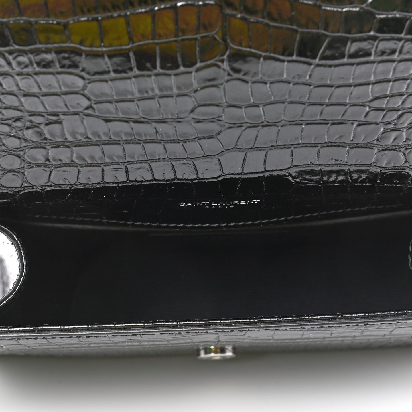Calfskin Crocodile Embossed Small Classic Monogram Kate Tassel Satchel Black