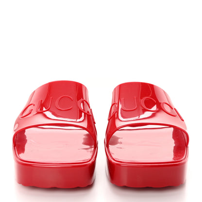 Gucci Rubber Gucci Logo Womens Platform 20/60mm Slide Sandals 38 Hibiscus Red 2 of 10