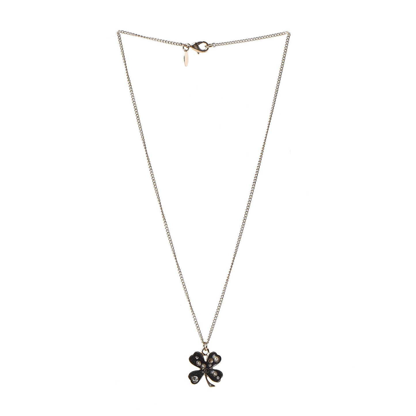 Enamel Pearl Crystal Four Leaf Clover Pendant Necklace Black Gold