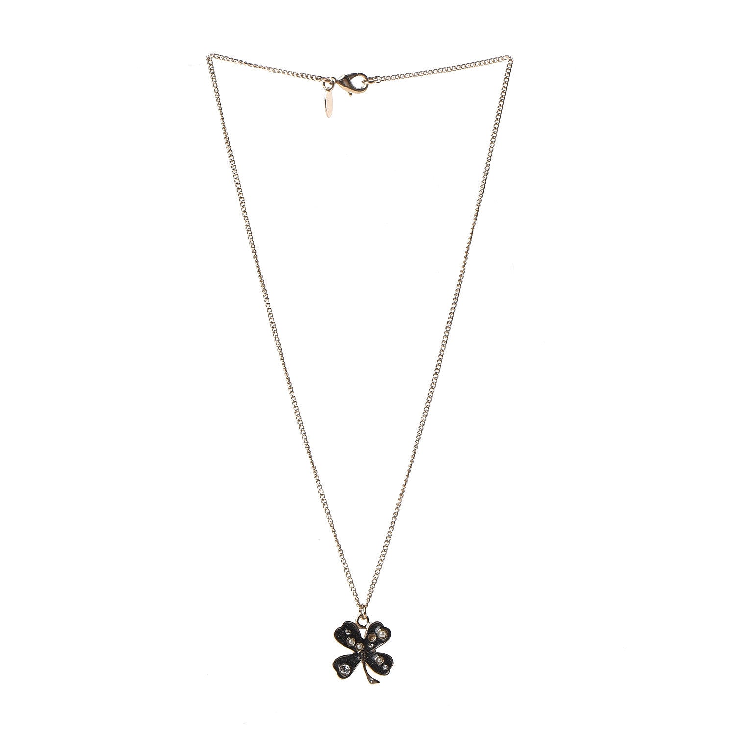 Chanel Enamel Pearl Crystal Four Leaf Clover Pendant Necklace Black Gold 3 of 6