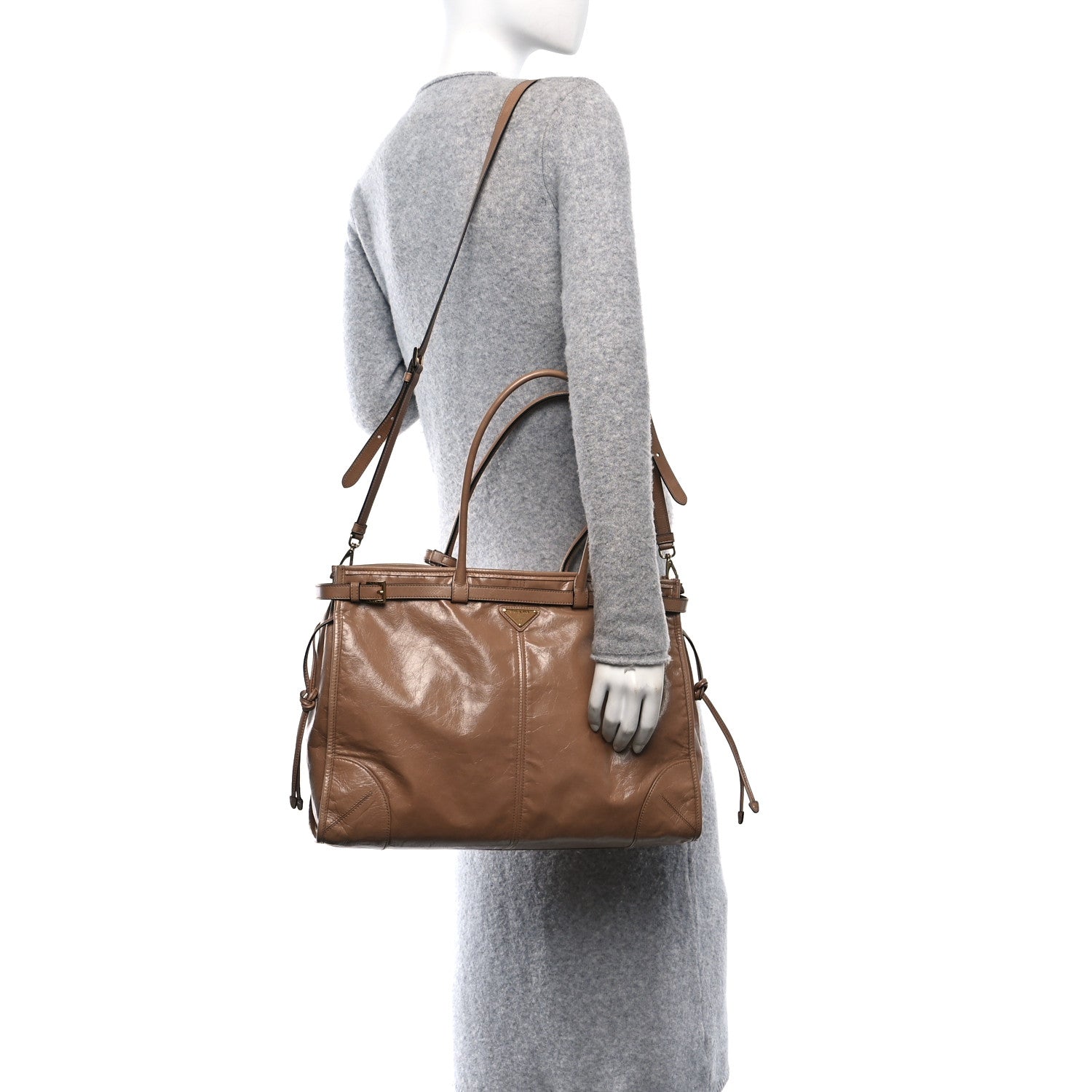 Prada Glossy Calfskin Triangle Extra Large Bonnie Shoulder Bag Cameo 2 of 9