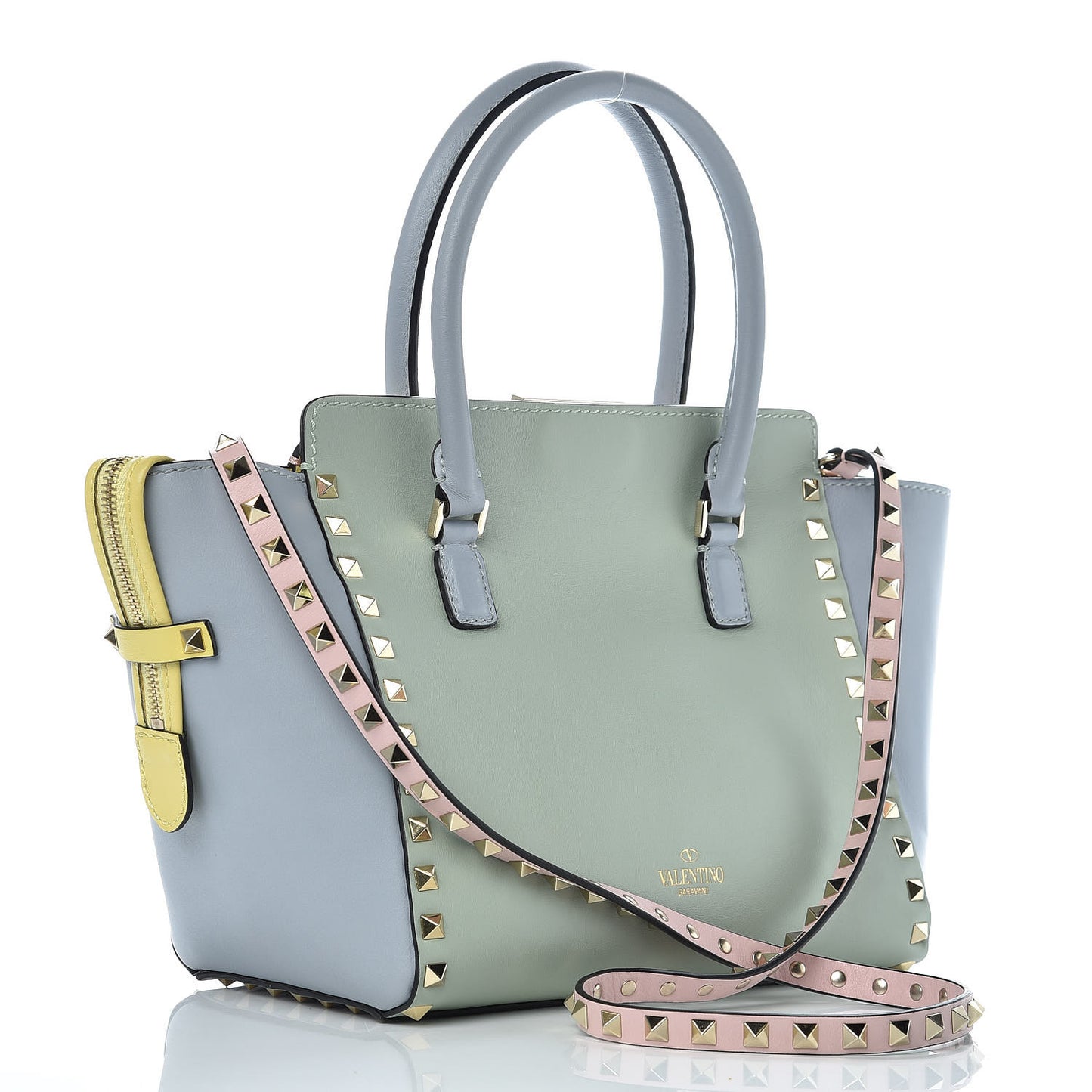 Calfskin Watercolor Small Rockstud Double Handle Tote Rose Green Yellow Sky