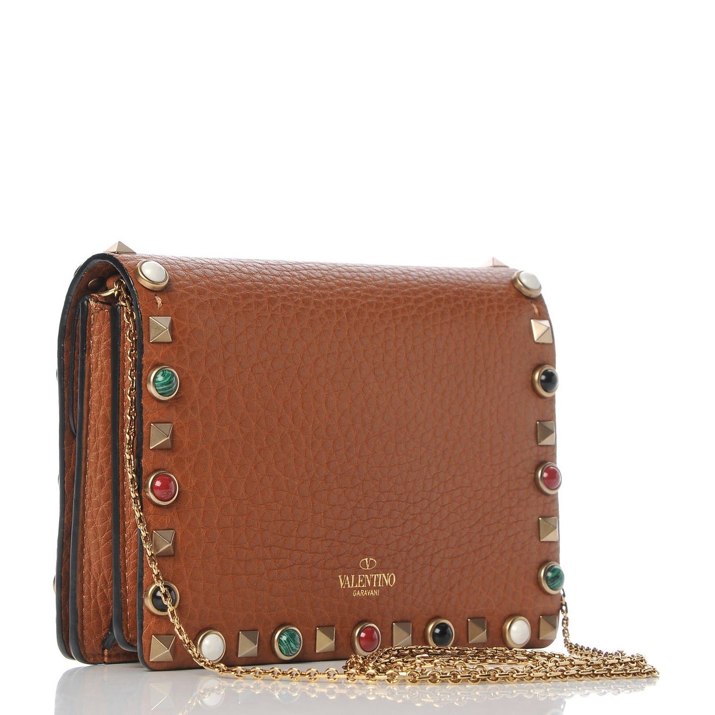 Grained Calfskin Rockstud Rolling Wallet on Chain Light Cuir