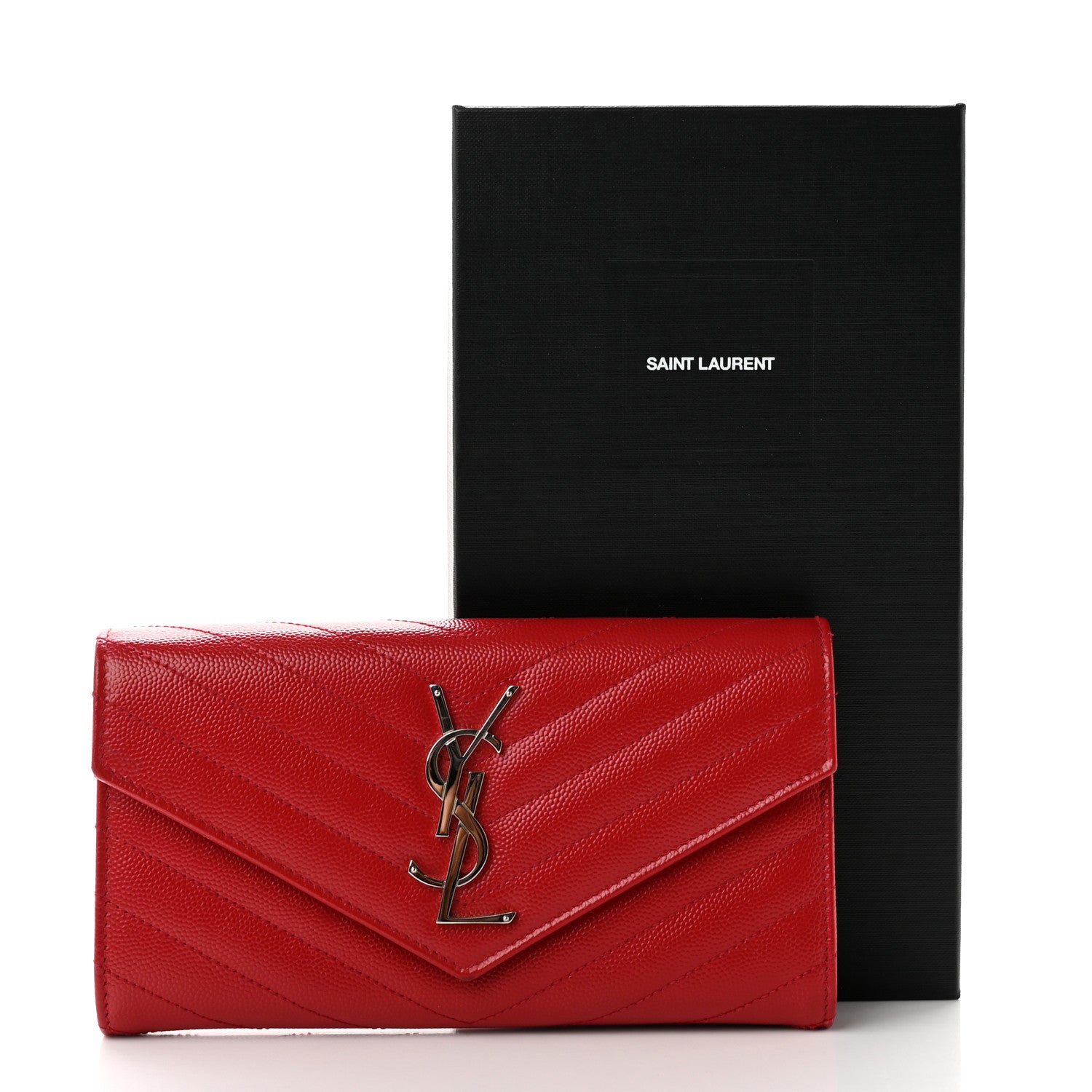Saint Laurent Grain De Poudre Matelasse Chevron Monogram Flap Wallet Red 9 of 9