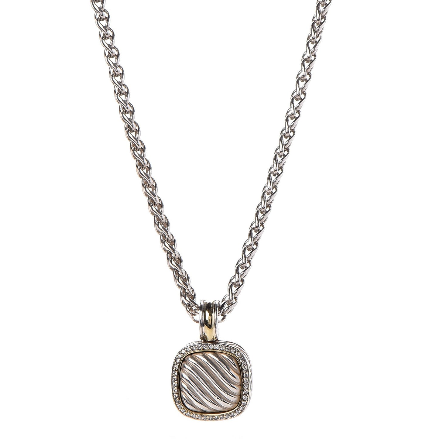 Sterling Silver 18K Yellow Gold Diamond 16mm Sculpted Cable Pendant Necklace