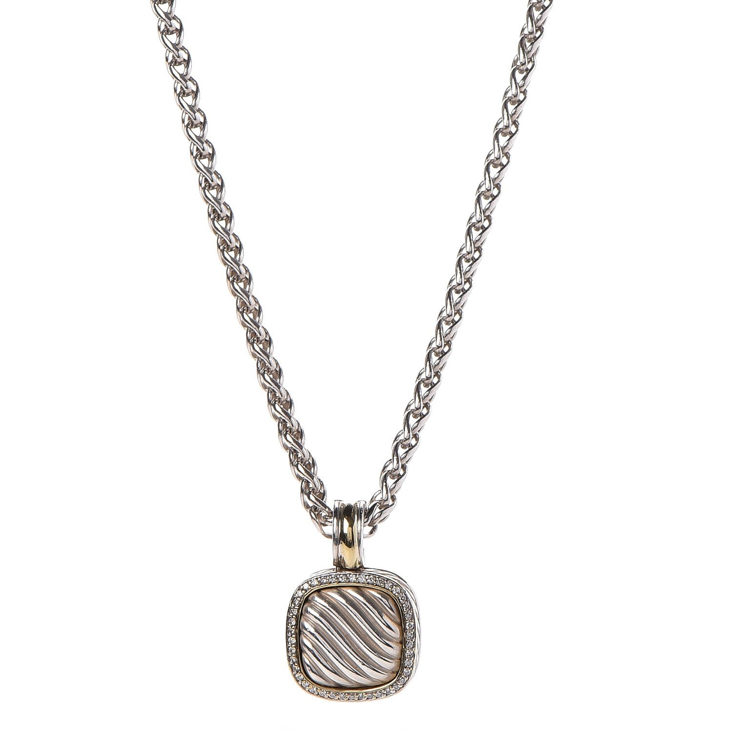 David Yurman Sterling Silver 18K Yellow Gold Diamond 16mm Sculpted Cable Pendant Necklace 1 of 7