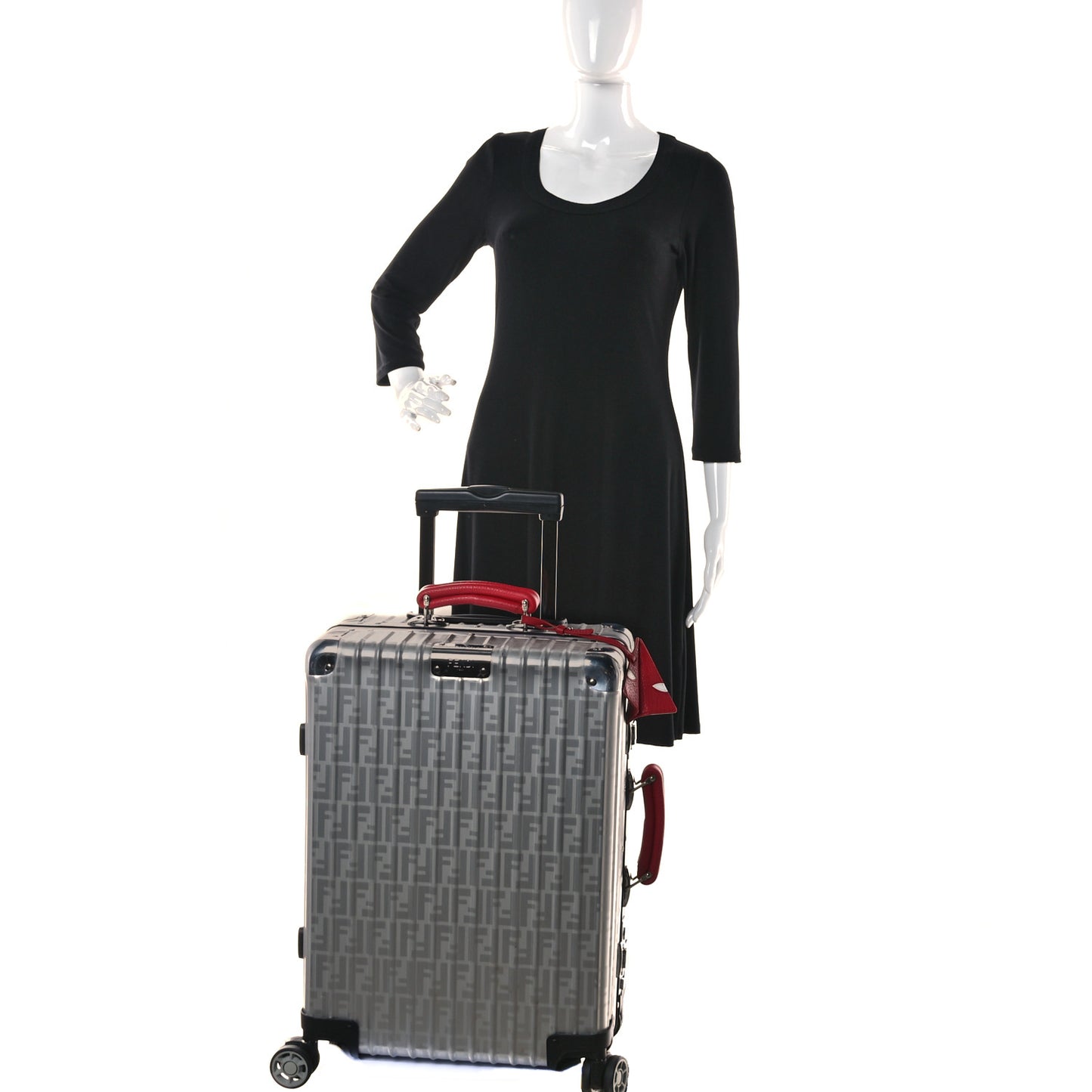 X RIMOWA Aluminum FF Print Roll Away Carry On Luggage Silver Red