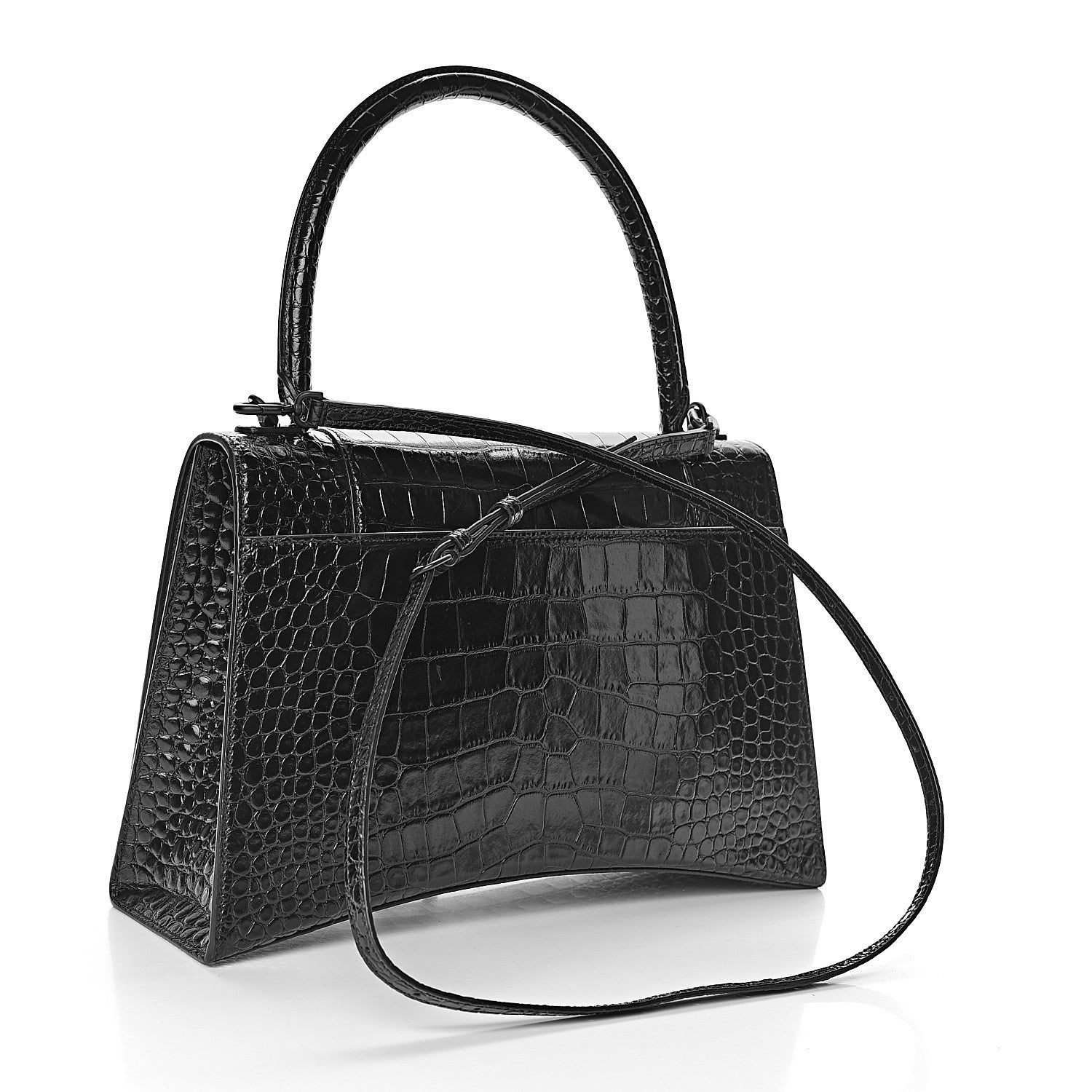 Balenciaga Shiny Calfskin Monochrome Crocodile Embossed Medium Hourglass Top Handle Bag Black 3 of 10