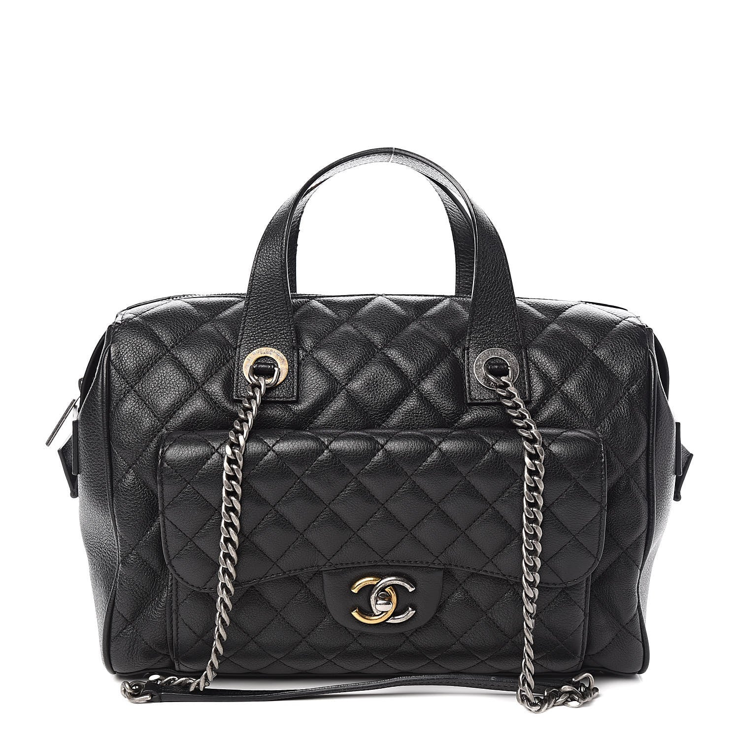 Chanel Grained Calfskin Quilted Large Casual Pocket Bowling Bag Black 1 of 14