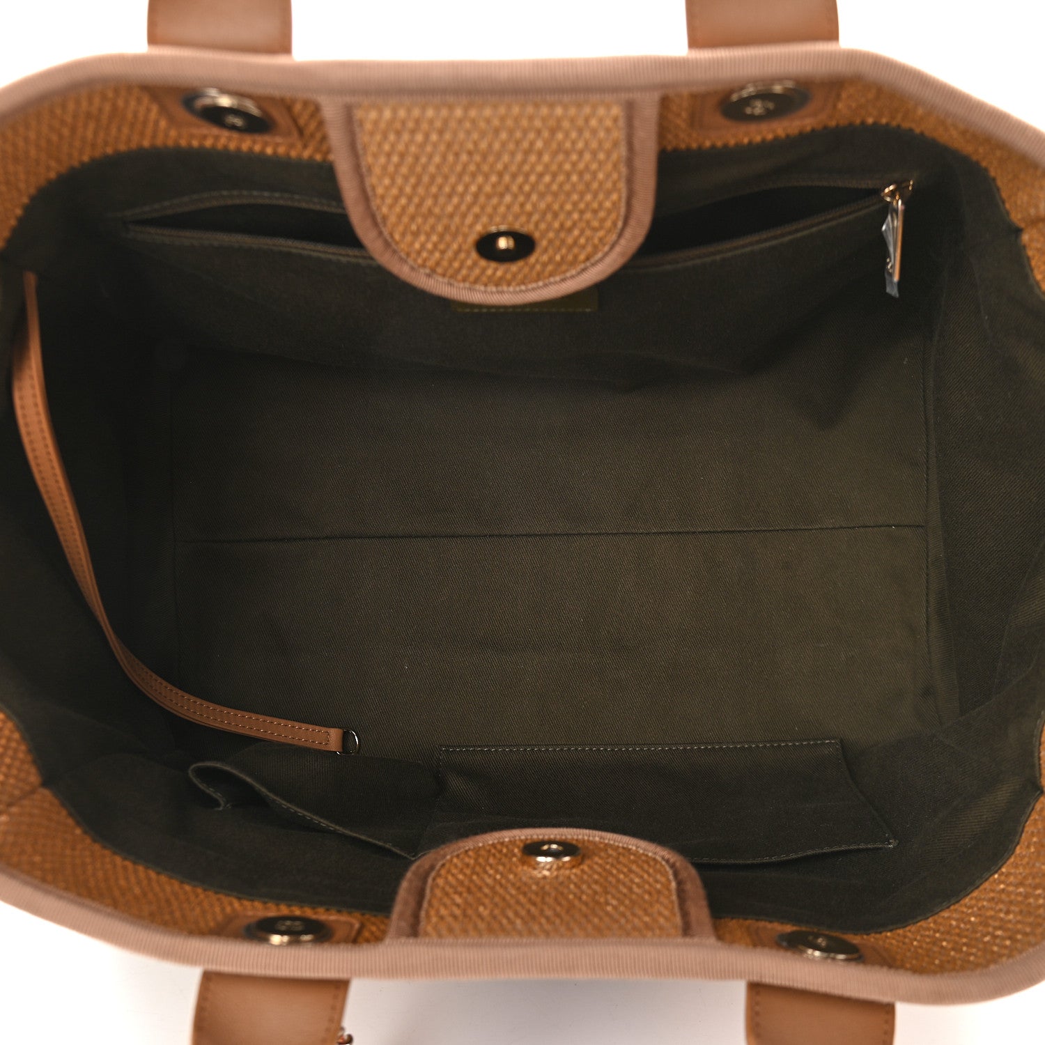 Chanel Straw Raffia Calfskin Striped Medium Deauville Tote Khaki Beige Navy Blue 5 of 9