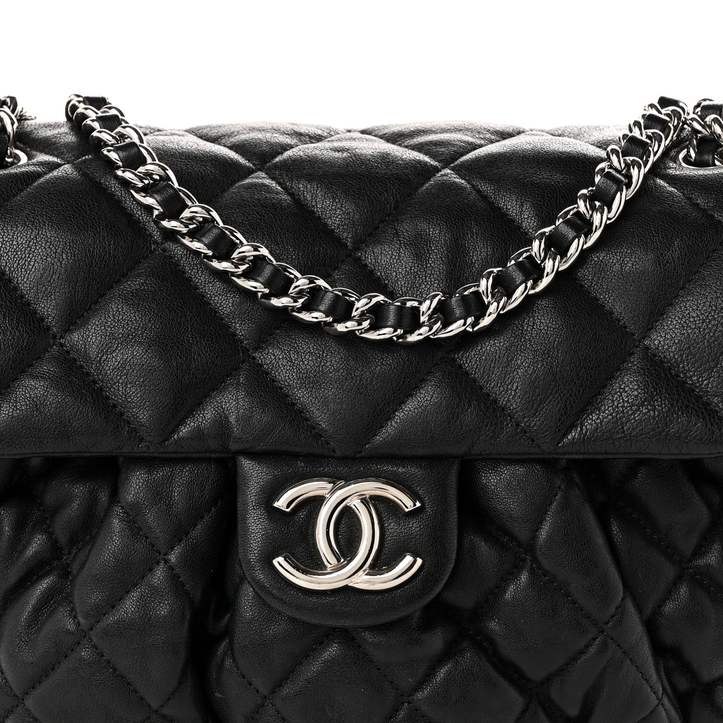 Washed Lambskin Quilted Large Chain Around Flap Black