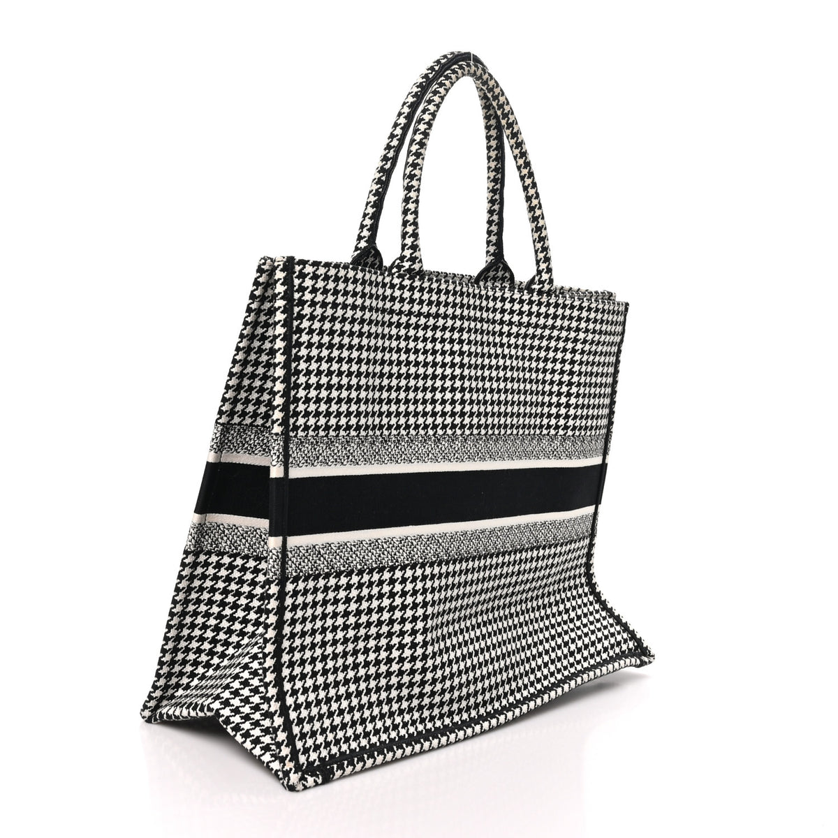 Christian Dior Canvas Houndstooth Embroidered Large Book Tote Black White 3 of 9