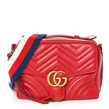Gucci Calfskin Matelasse Sylvie Web Small GG Marmont Top Handle Shoulder Bag Hibiscus Red 1 of 13