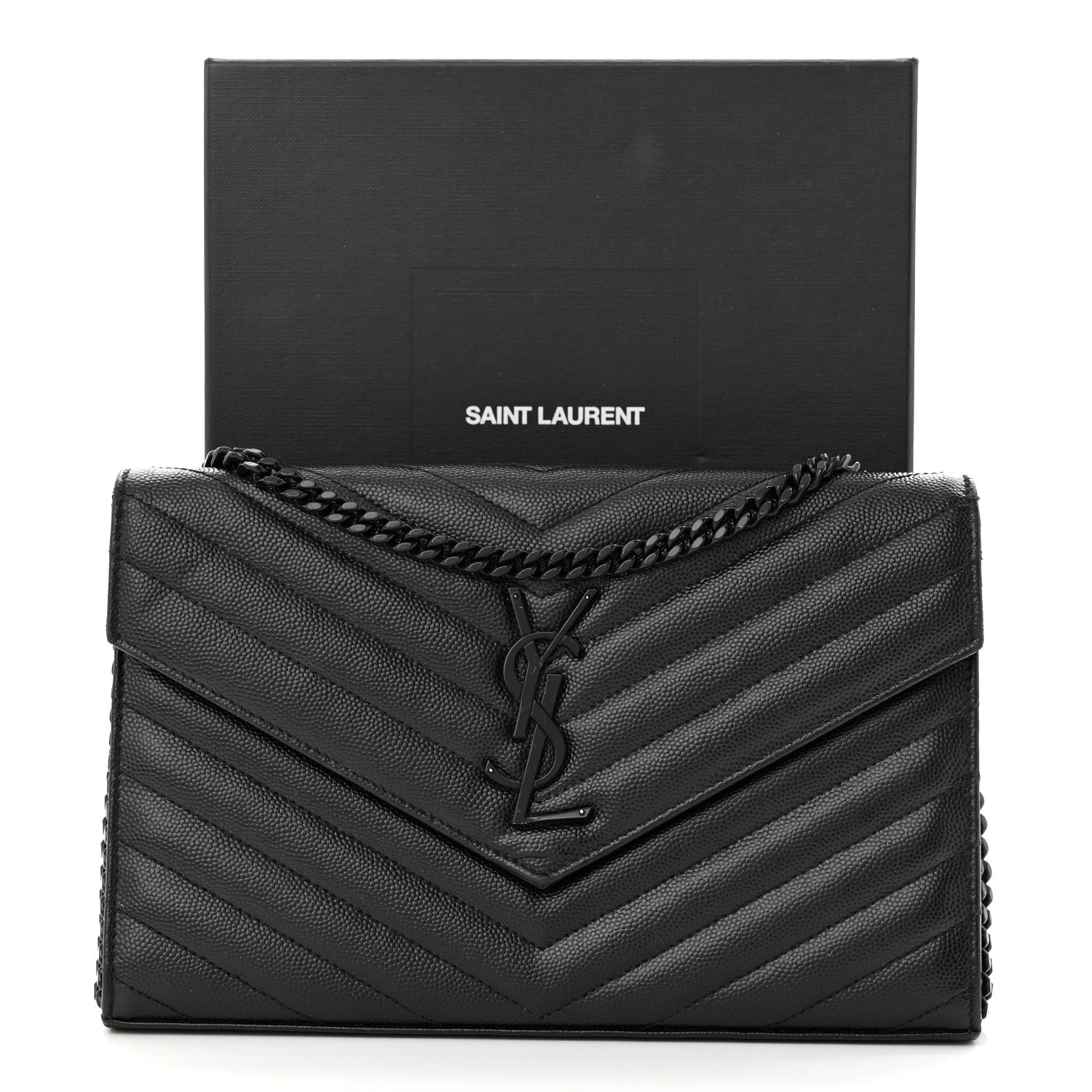 Saint Laurent Grain De Poudre Matelasse Chevron Monogram Monochrome Chain Wallet Black 13 of 13