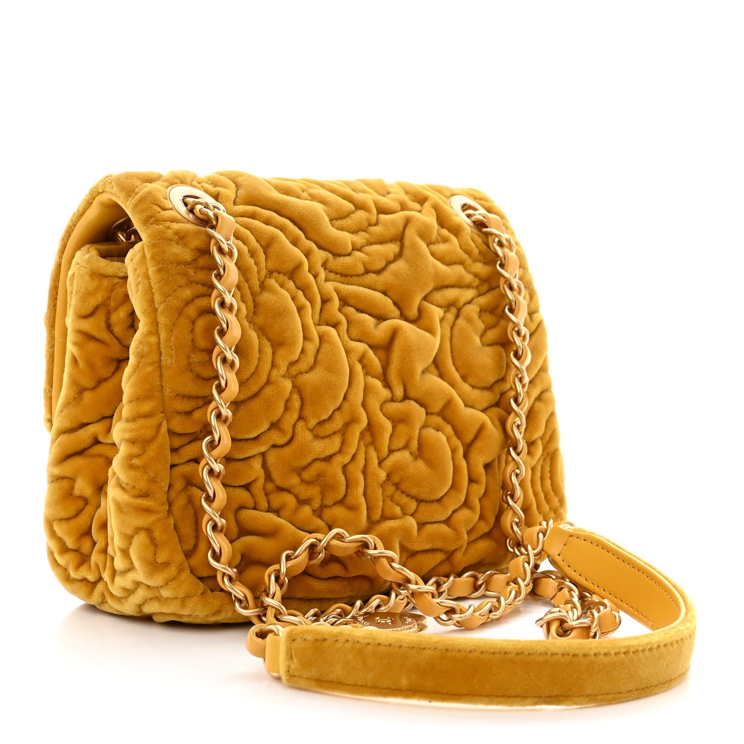 Chanel Velvet Camellia Embossed Mini Square Flap Yellow 3 of 10