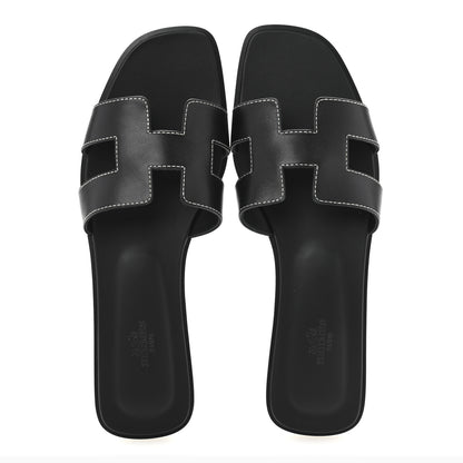 Hermes Box Calfskin Oran Sandals 41 Black 2 of 10