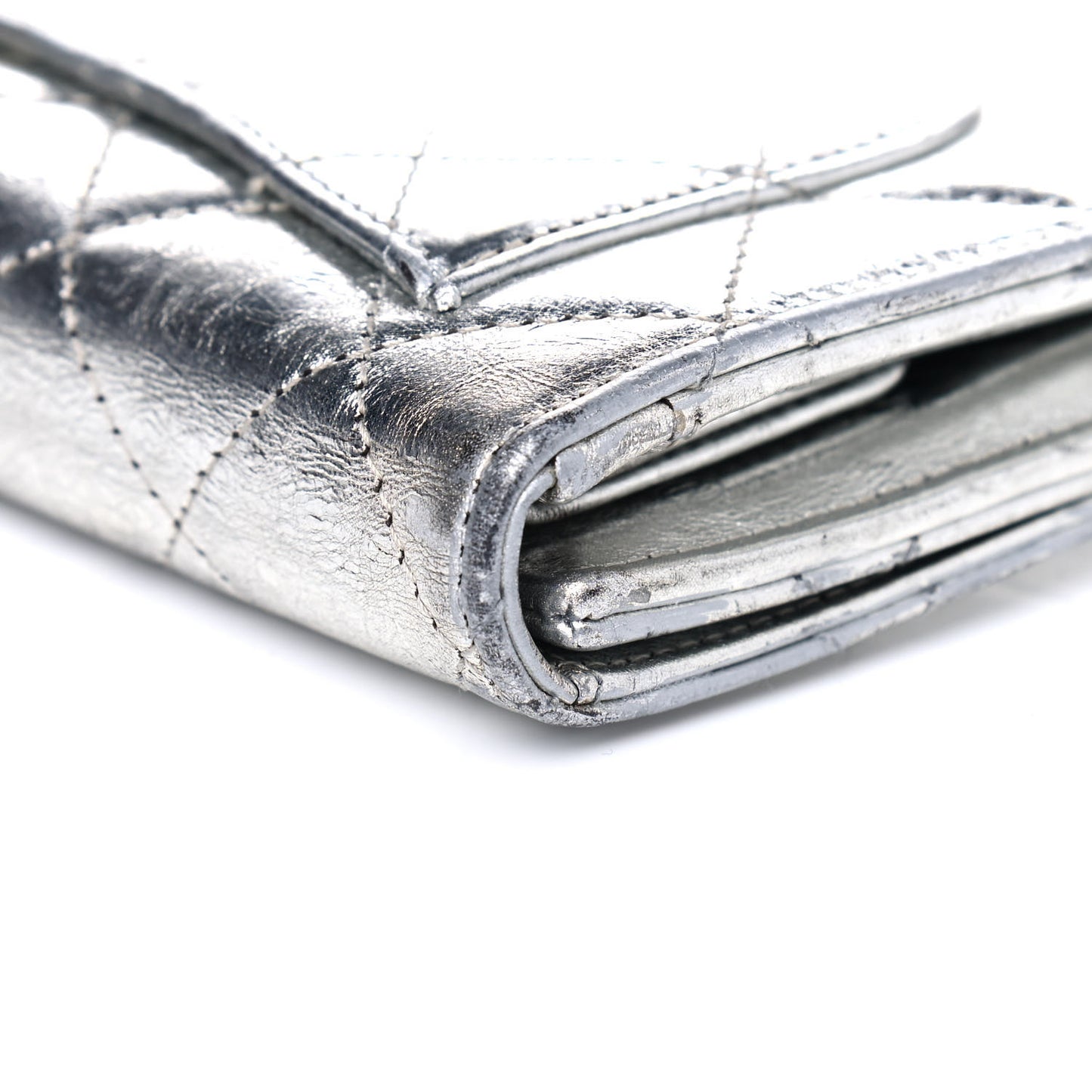 Metallic Aged Calfskin Quilted Reissue Long Flap Wallet Light Silver