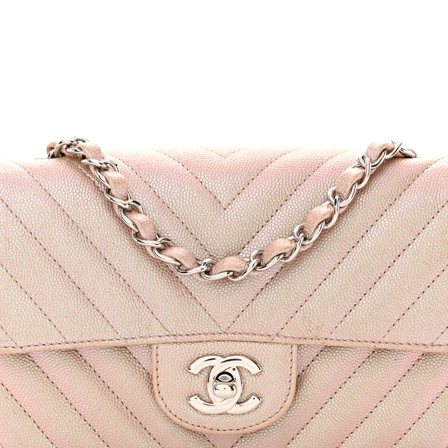 Iridescent Caviar Chevron Quilted Mini Rectangular Flap Light Gold