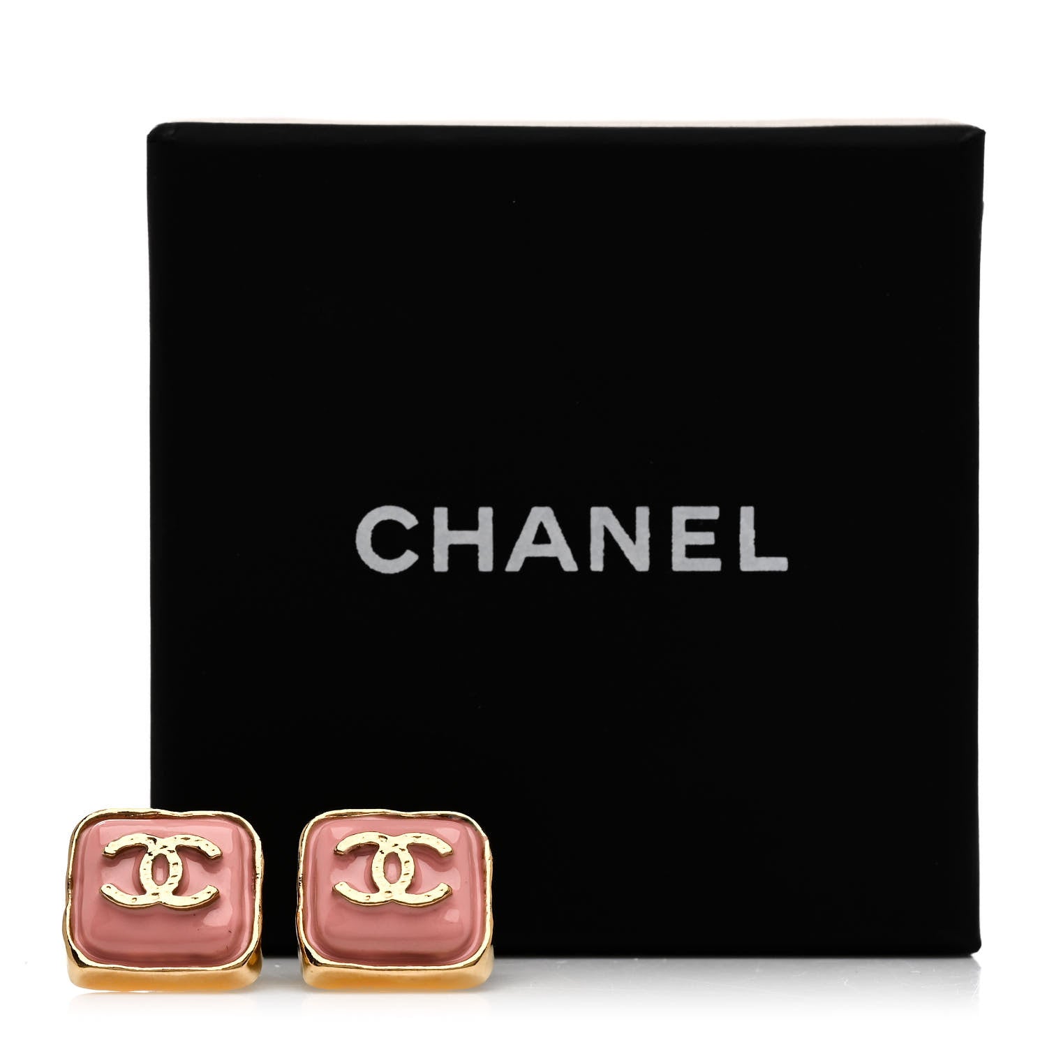 Chanel Resin CC Square Earrings Gold Pink 5 of 5