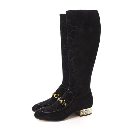 Gucci Velvet GG Monogram Crystal Horsebit Knee High Boots 40 Black 3 of 9