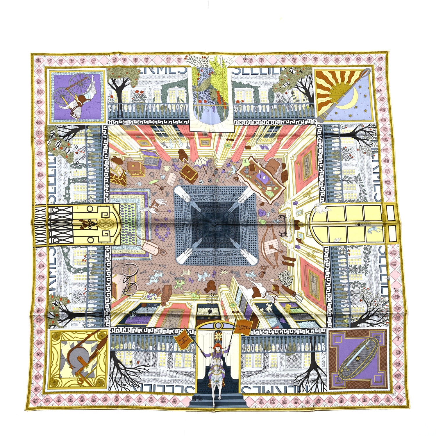 Hermes Silk Objets de Curiosite Scarf 90 Bleu Gris Jaune Soufre Rose 1 of 5
