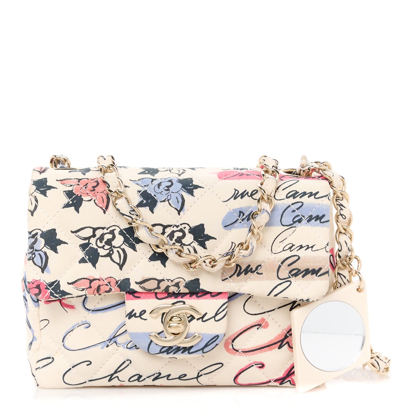 Nylon Quilted Rue Cambon Camellia Printed Mini Flap White Multicolor