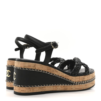 Chanel Lambskin Espadrille Braided Platform Sandals 38.5 Black 5 of 10