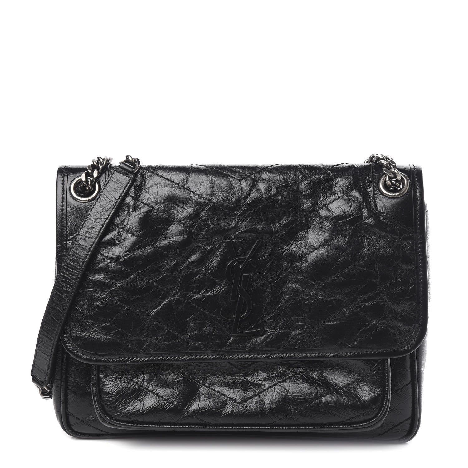 Saint Laurent Crinkled Calfskin Matelasse Monogram Medium Niki Chain Satchel Black 1 of 10
