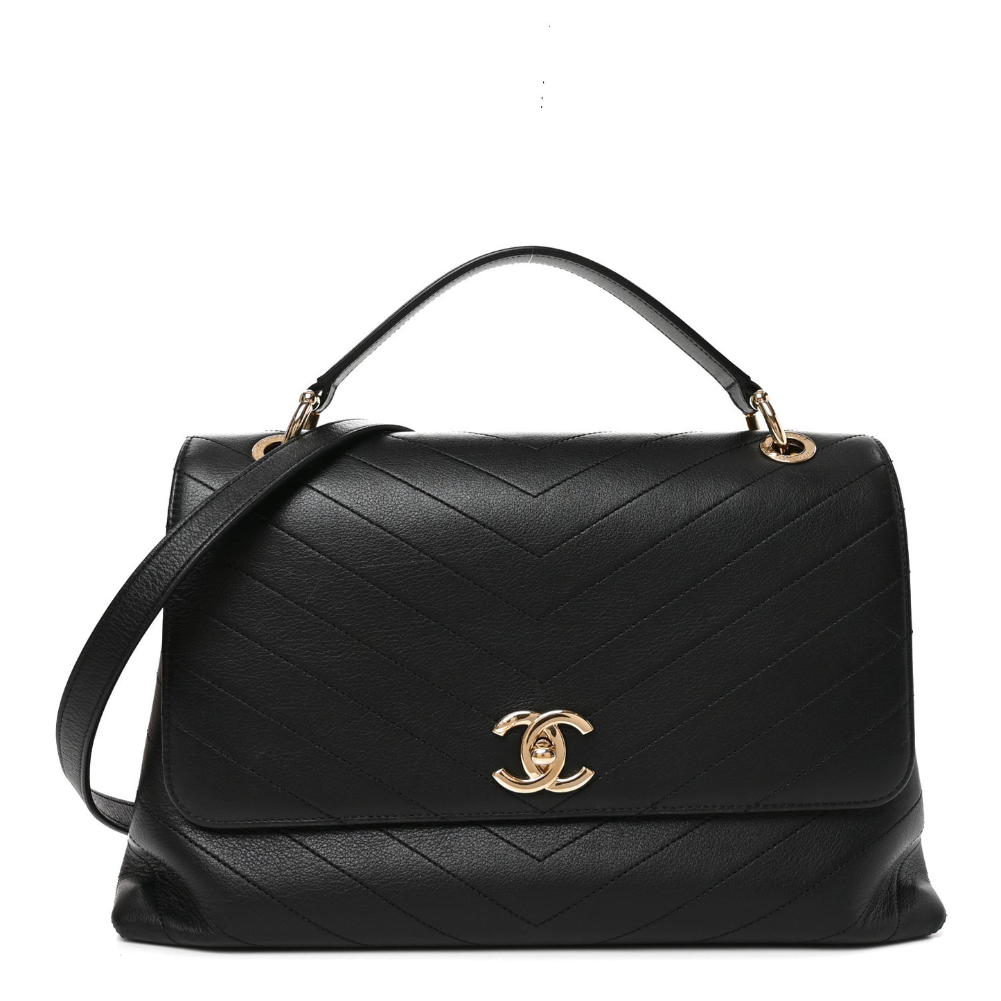 Grained Calfskin Chevron Stitched Medium Chic Top Handle Flap Black