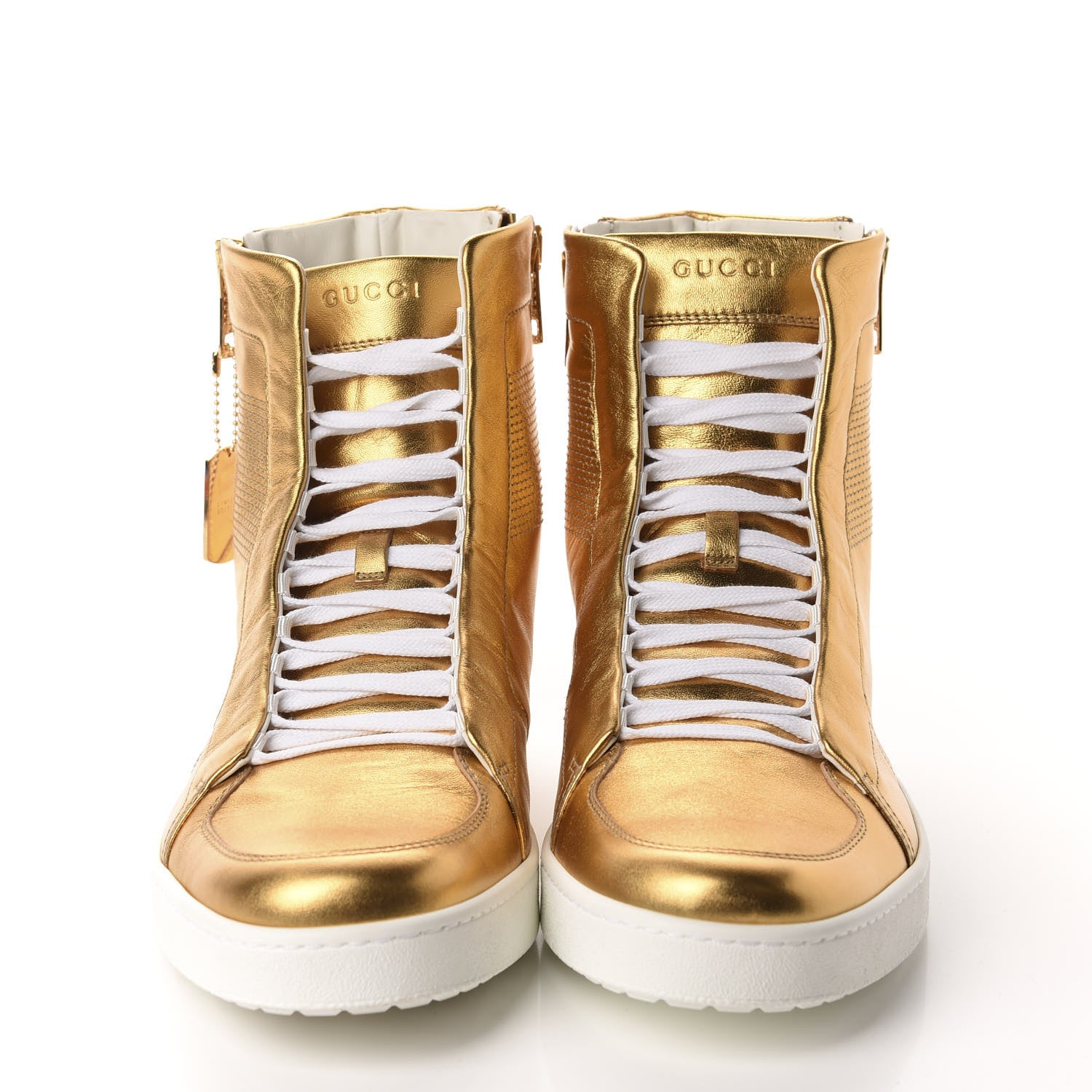 Gucci Metallic Nappa Silk Mens Dog Tag High Top Sneakers 10 Oro 2 of 11