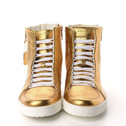 Gucci Metallic Nappa Silk Mens Dog Tag High Top Sneakers 10 Oro 2 of 11